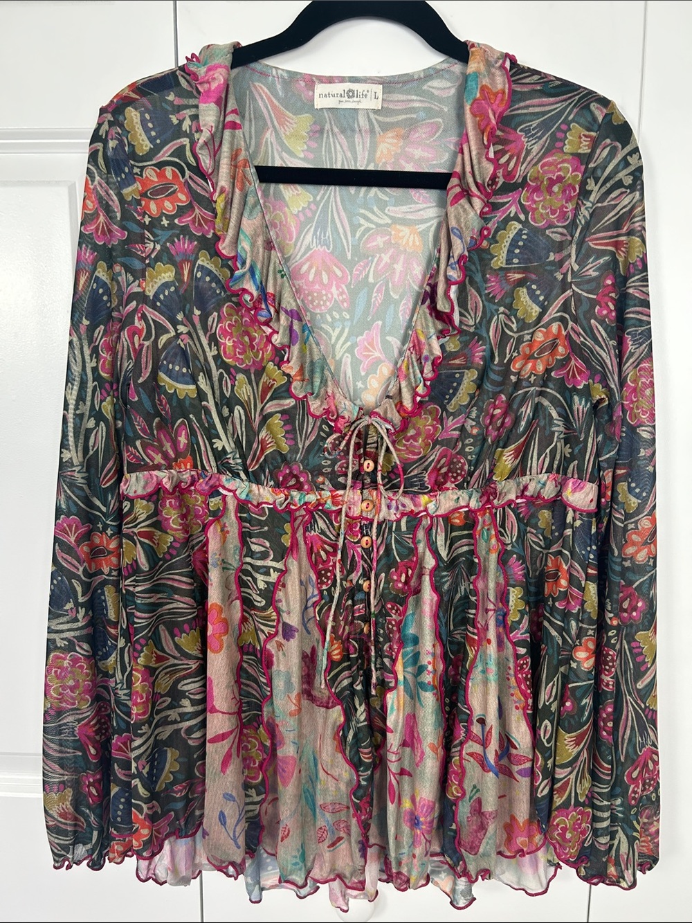 NATURAL LIFE Sheer Floral Ruffle Tie-Front Top - Pink, Green, Teal, Navy Size L